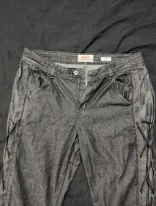 Archive Lace-Up Detail Black Denim Baggy Jeans