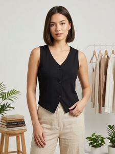 Sleek Black Sleeveless Button-Up Top