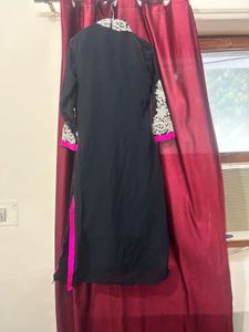 Elegant Black Kurta with Pink &amp; White Embroidery