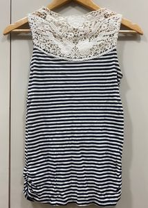 Striped Fitted Top With Embellished Neck Pattern