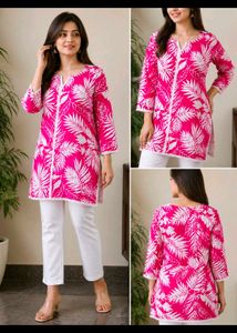 Stylish Pink Leaf Print Kurta L size without pant