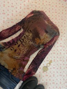 Y2K Graphic Print Mesh Top