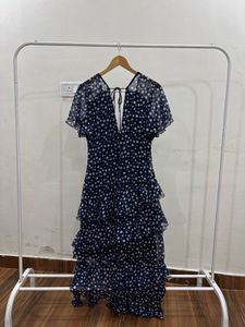 Navy Blue Polka Dot Ruffle detailing Maxi Dress