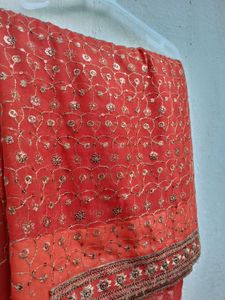 Gorgeous Red &amp; Gold Embroidered Net Saree