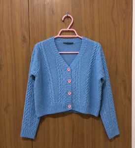 Blue Cable Knit Cropped Cardigan