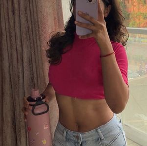 Hot Pink Mock Neck Cropped Top