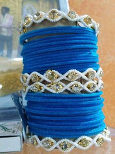 Blue Velvet Bangles with White Embellishments