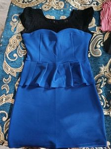 Elegant Blue Peplum Dress with Black Lace