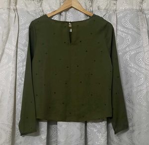 Chic Olive Green Star Print Ruffle Blouse