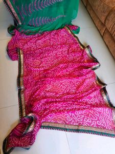 Bandhani Saree - Pink &amp; Teal