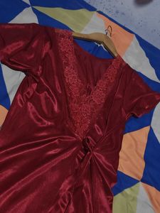 Elegant Red Satin Robe Nighty dress