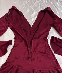 Shein Wine Satin Ruffle Wrap Party Dress