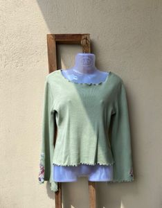 Green Floral Embroidered Top