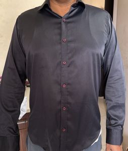 shining Men's Black Satin Button-Up Shirt
