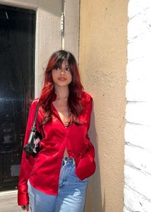 Red Satin Button-Up Shirt