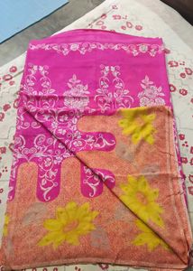 Pink & Yellow Floral Chiffon Saree