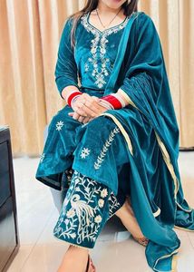 Elegant Teal Velvet Kurta Set