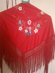 Beautiful Red Embroidered Shawl with Fringe