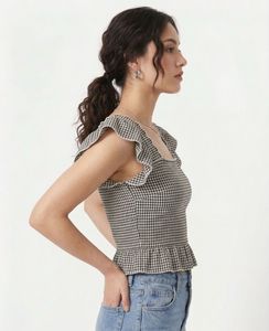 Chic Gingham Smocked Puff Sleeve Top