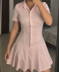 Chic Pink Shirt Dress with Pleated Skirt