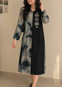 black & grey abstract tie-dye midi dress