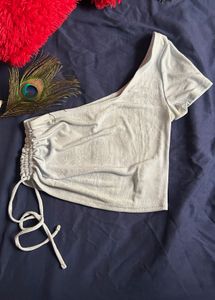 H&amp;M Blue One-Shoulder Ruched Crop Top