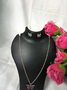 Elegant Gold Chain Metal Fark Pink Necklace &amp; Eyer