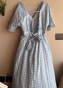 Blue Gingham Maxi Dress with Back Tie