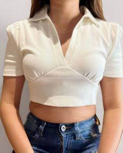 Cream Ribbed Cropped Collared Top
