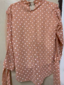 Peach Polka Dot Top with Tie Sleeves