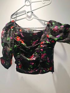 Sheer Floral Puff Sleeve Crop Top