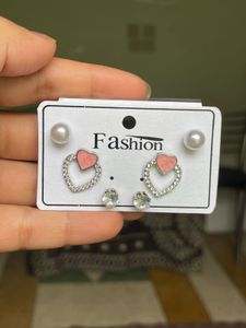 Cute Heart &amp; Pearl diamond Earring Set