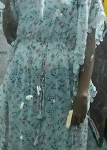 Floral Print Kaftan Dress with Lace Trim