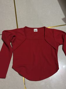 Red Square Neck Long Sleeve Top
