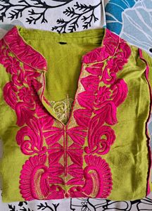 Premium Quality Linen Kurti With Detailing At Collar Sleaves Front And Back As Well