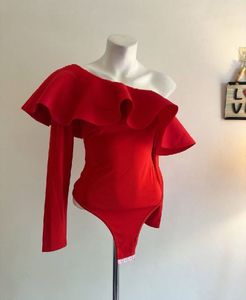 Red One Shoulder Ruffle Bodysuit