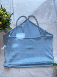 Light Blue Ribbed Halter Neck Crop Top