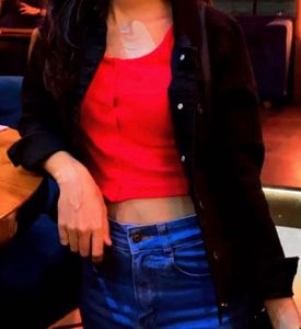 Red Ribbed Button-Up Tank Top