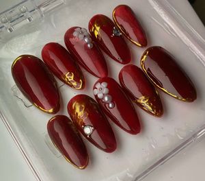 Red &amp; Gold Press On Nail Set with Gems