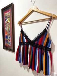 ZARA Vibrant Striped Cami Top with Lace Trim