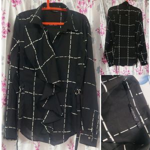 Chic Black & White Grid Wrap Blouse