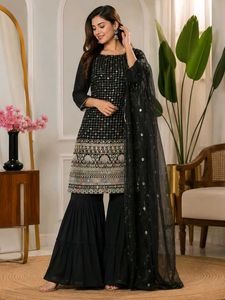 Elegant Black Sequined Kurta Sharara Set
