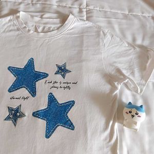 White T-Shirt with Blue Star Appliques