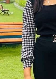 Chic Houndstooth Sleeve Black Dress