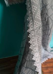 Elegant Grey Printed Kurti with Lace Detail Gown