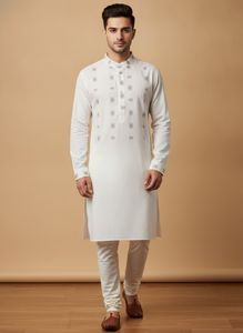 Men's Cotton White Printed Kurta