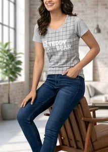Cute "Teddy Bear" Grid Print Casual Cotton Tee