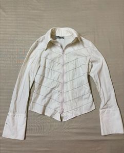 White Zip-Up Fitted Shirt