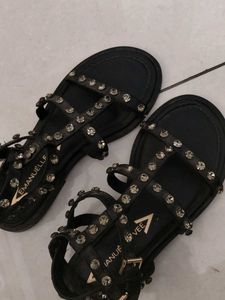 Embellished Black Flat Sandals