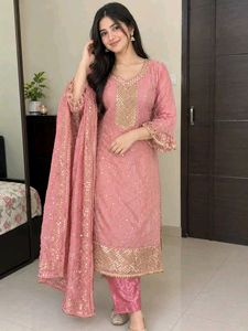 Pink Sequinned Kurta Set with Dupatta